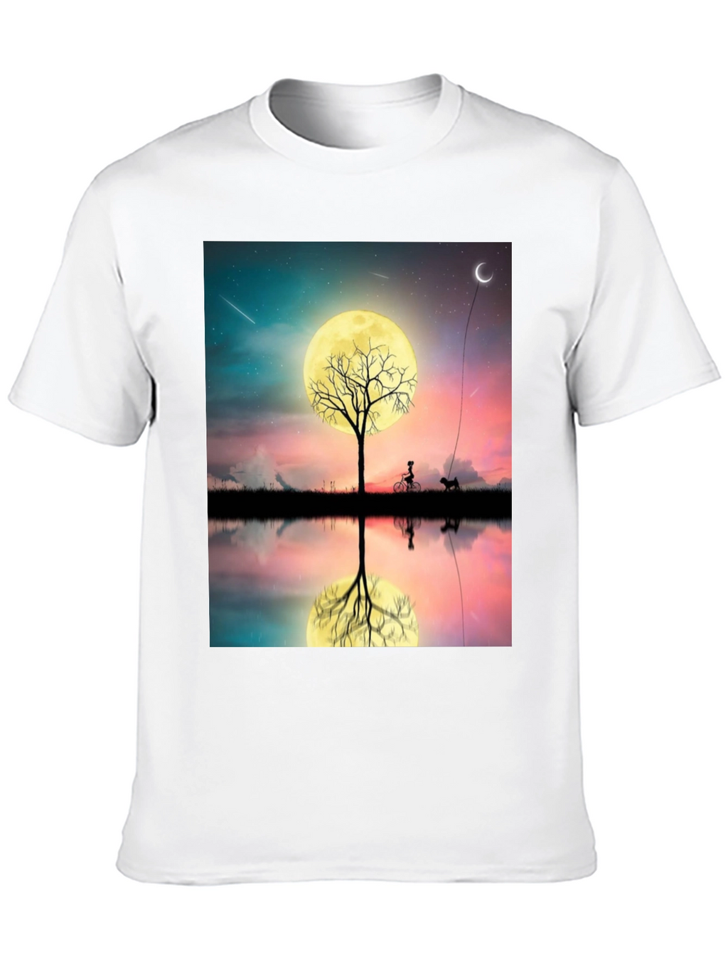 Moonlit Bike & Dog T-Shirt – Dreamy Night Scene Graphic Tee