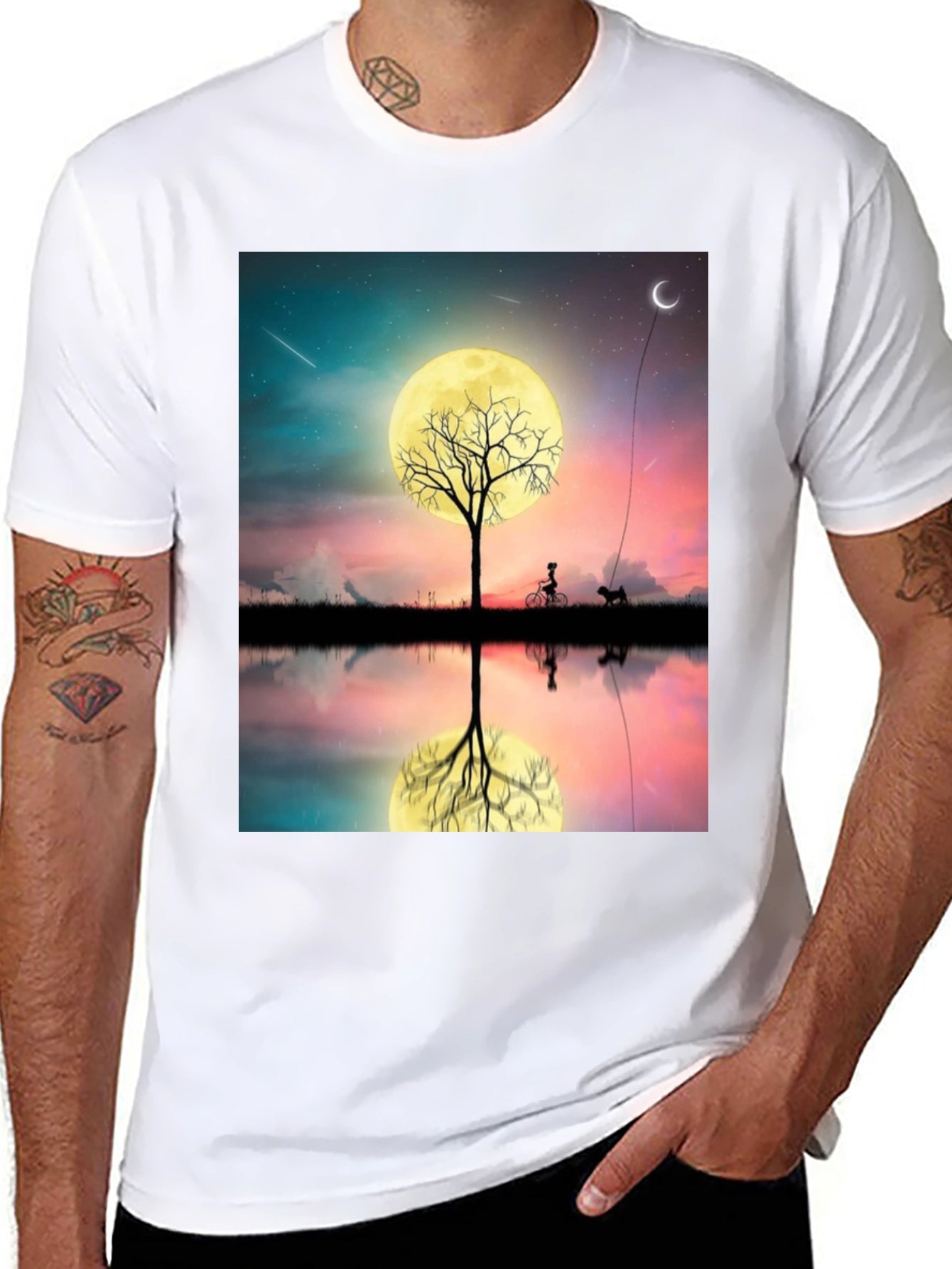 Moonlit Bike & Dog T-Shirt – Dreamy Night Scene Graphic Tee