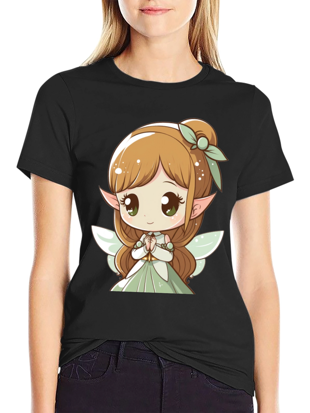 Cute Fairy Graphic Tee - Black Cotton T-Shirt