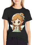 Cute Fairy Graphic Tee - Black Cotton T-Shirt