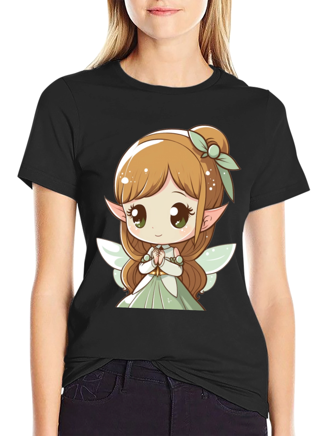 Cute Fairy Graphic Tee - Black Cotton T-Shirt
