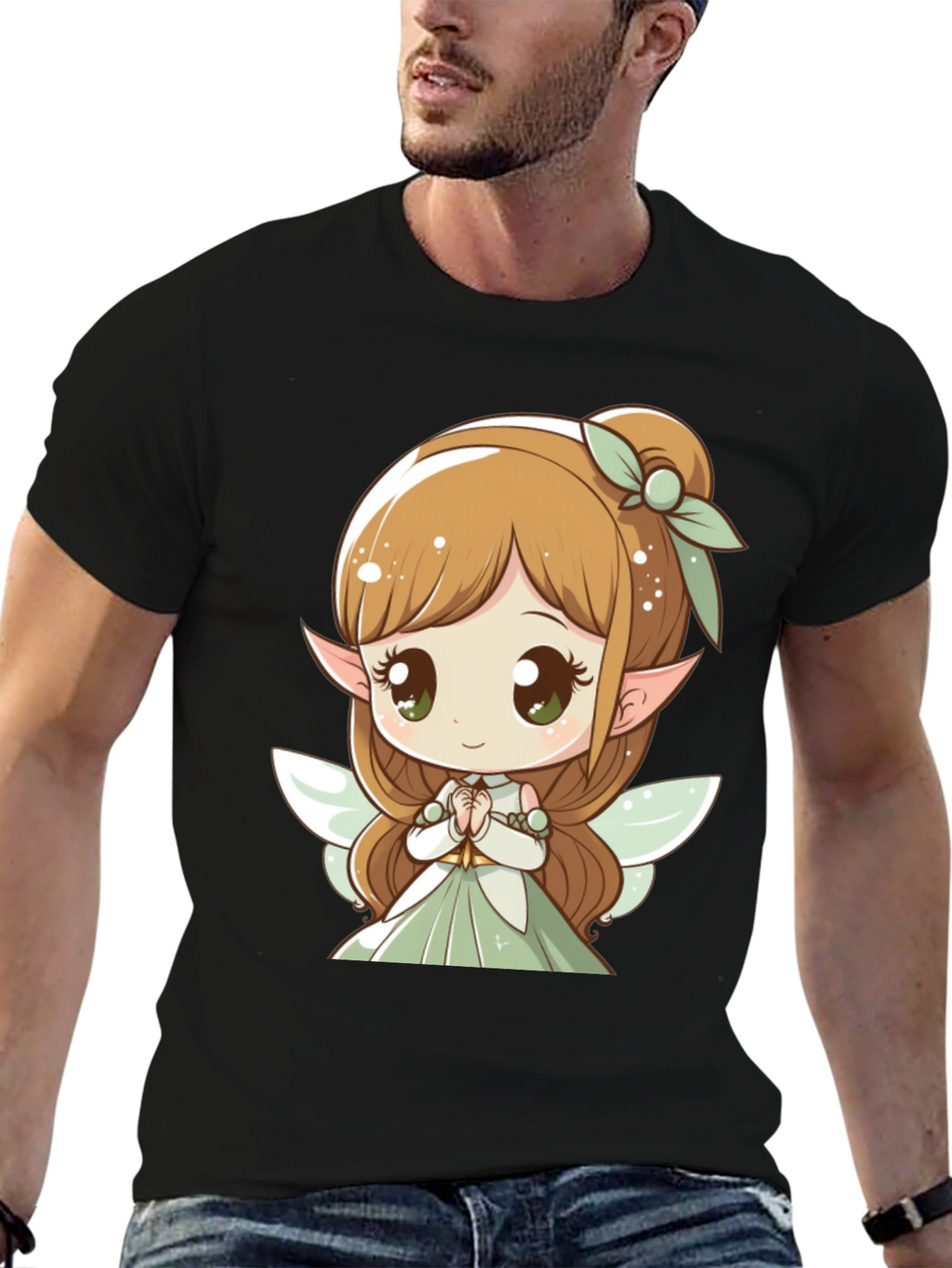 Cute Fairy Graphic Tee - Black Cotton T-Shirt