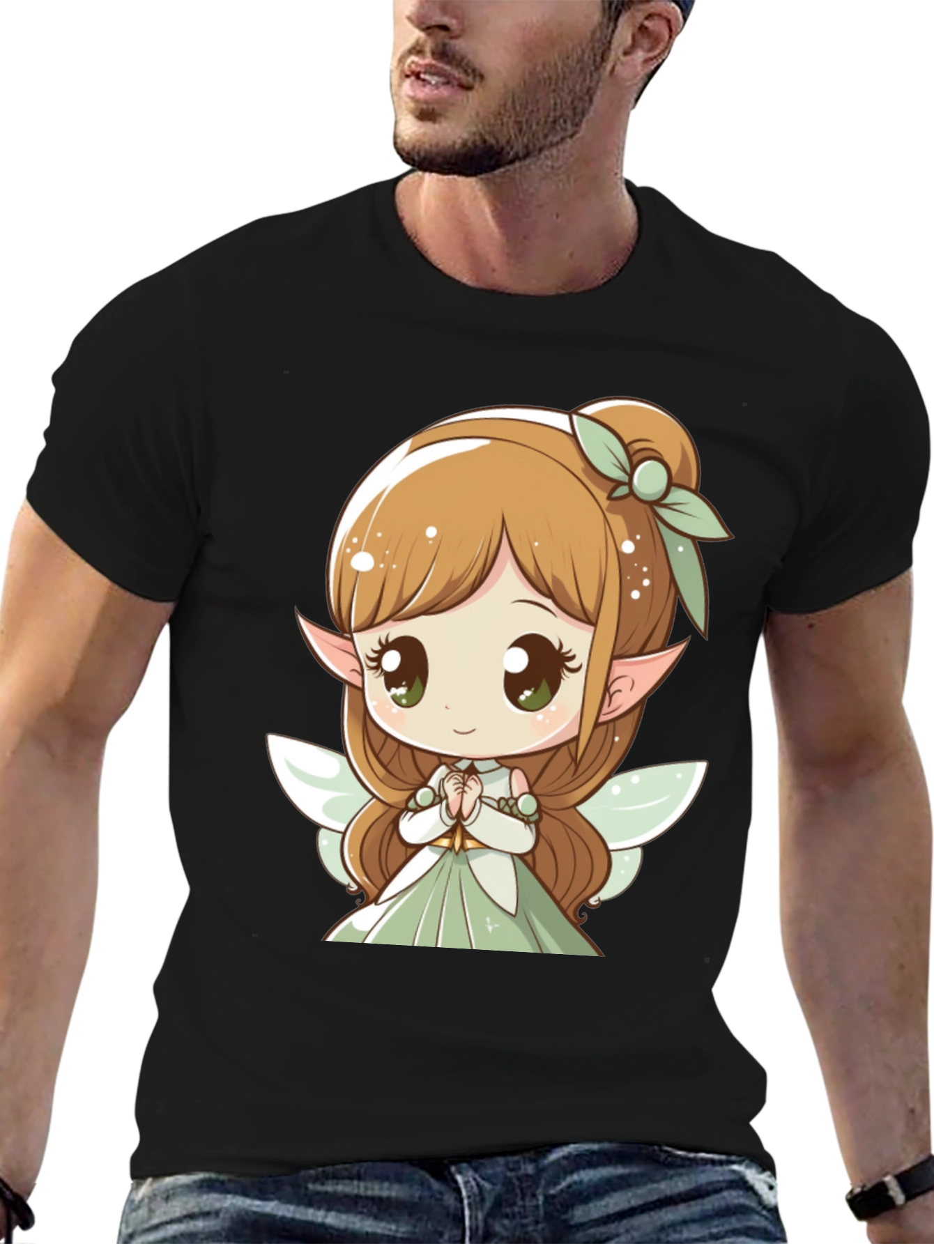 Cute Fairy Graphic Tee - Black Cotton T-Shirt