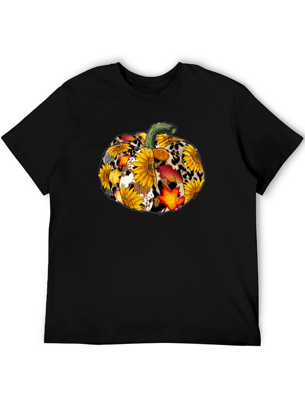 Fall Pumpkin T-Shirt: Sunflower Leopard & Autumn Leaves Design