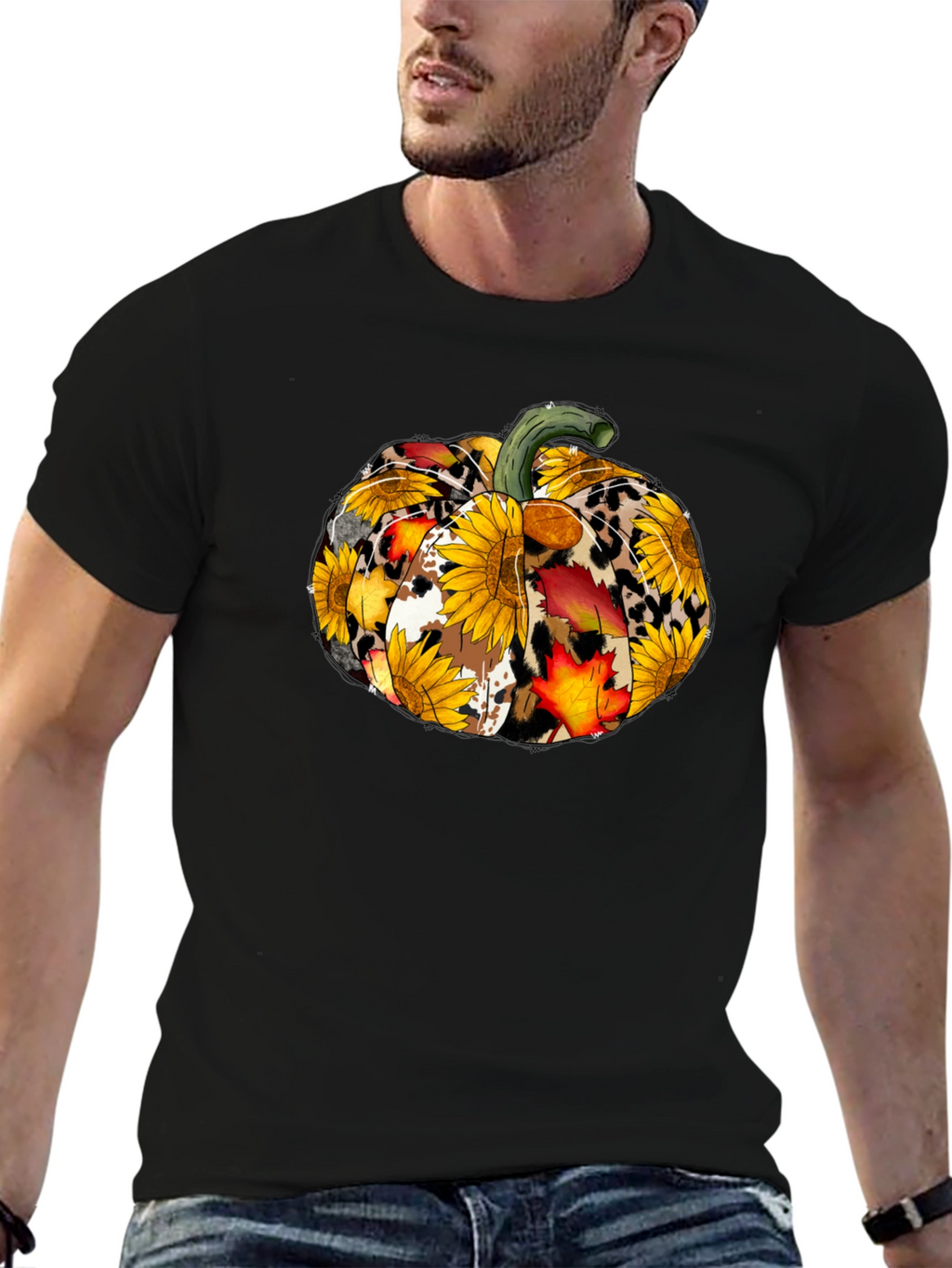 Fall Pumpkin T-Shirt: Sunflower Leopard & Autumn Leaves Design