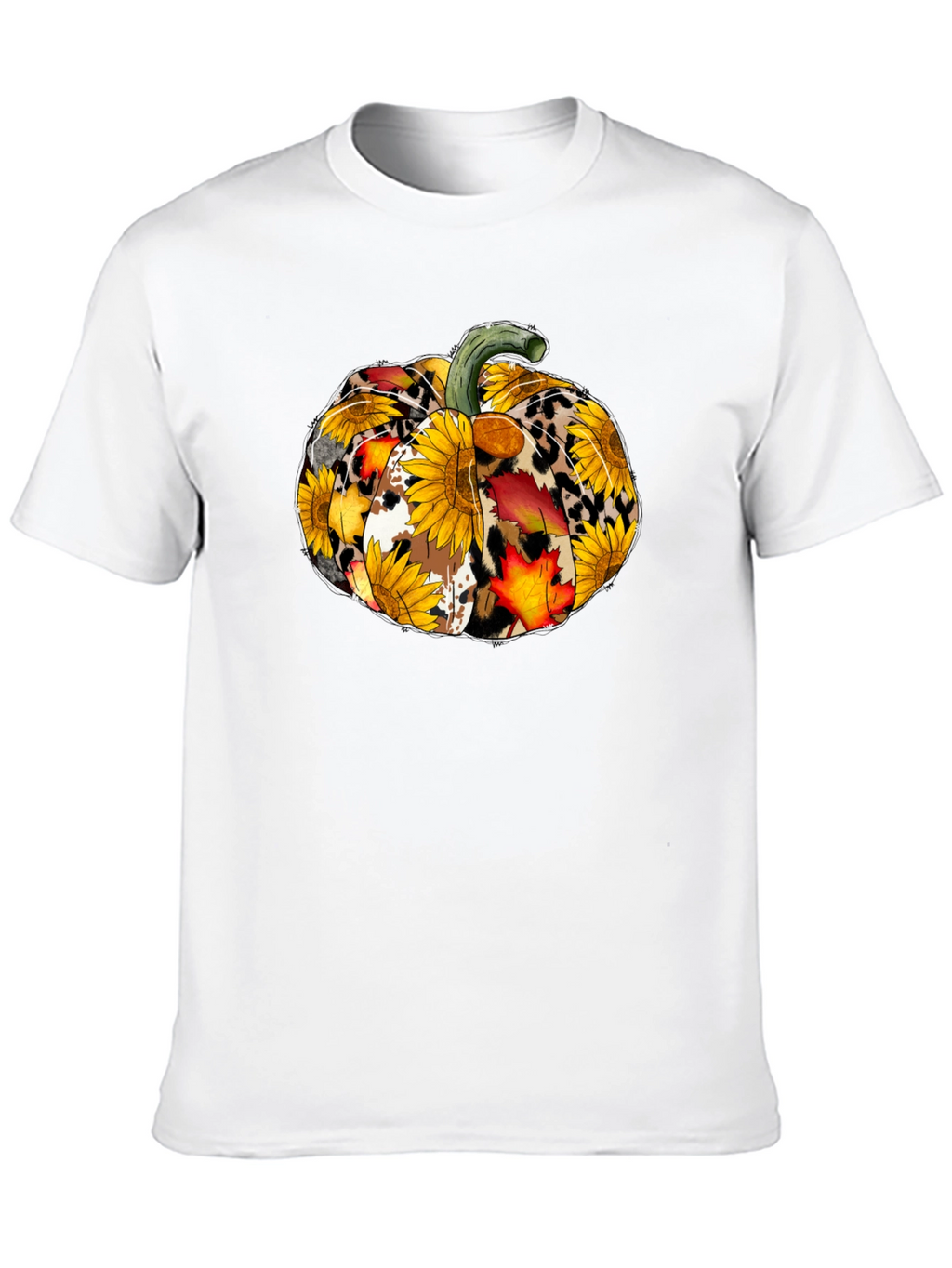 Fall Pumpkin T-Shirt: Sunflower Leopard & Autumn Leaves Design