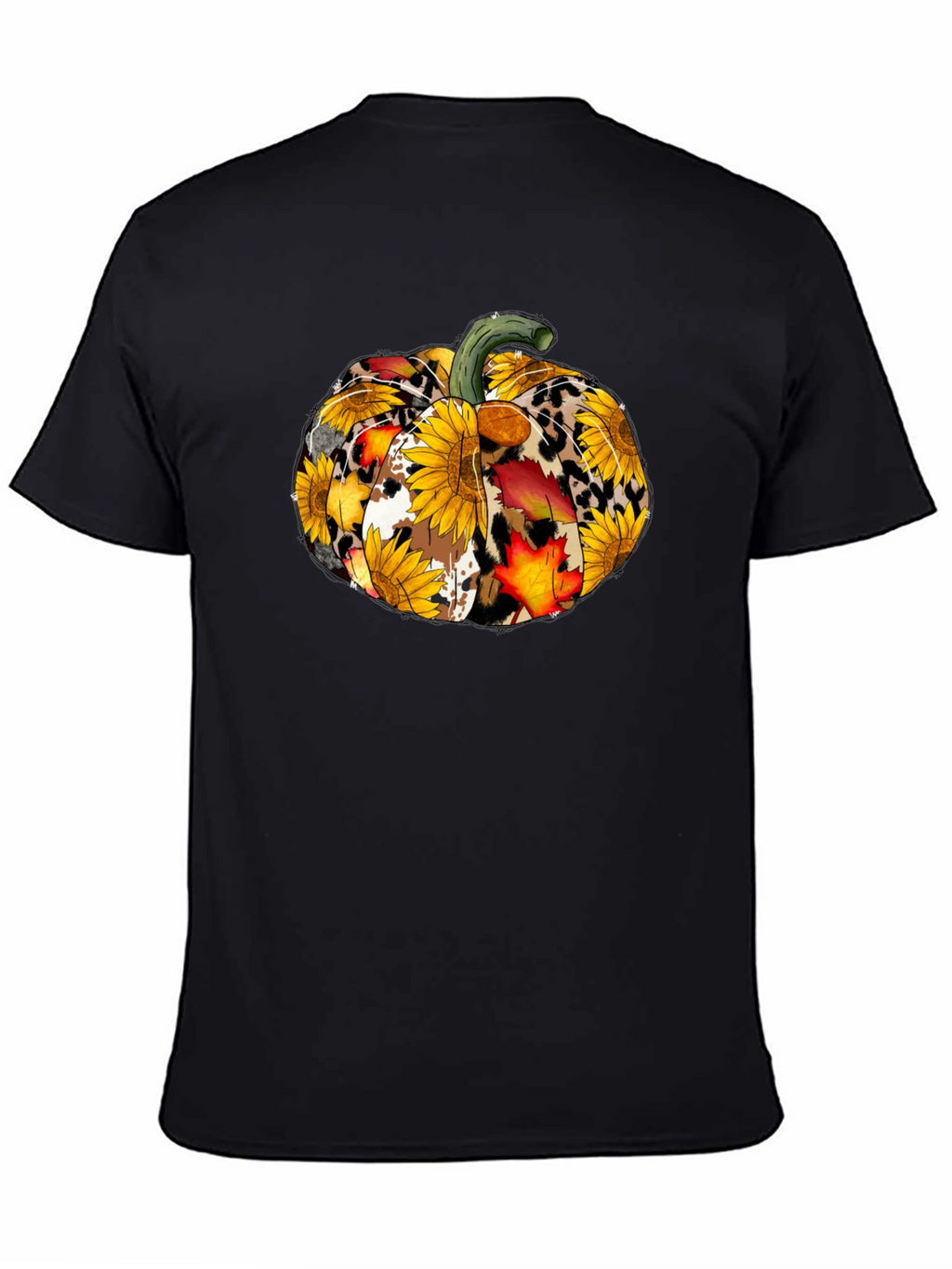 Fall Pumpkin T-Shirt: Sunflower Leopard & Autumn Leaves Design