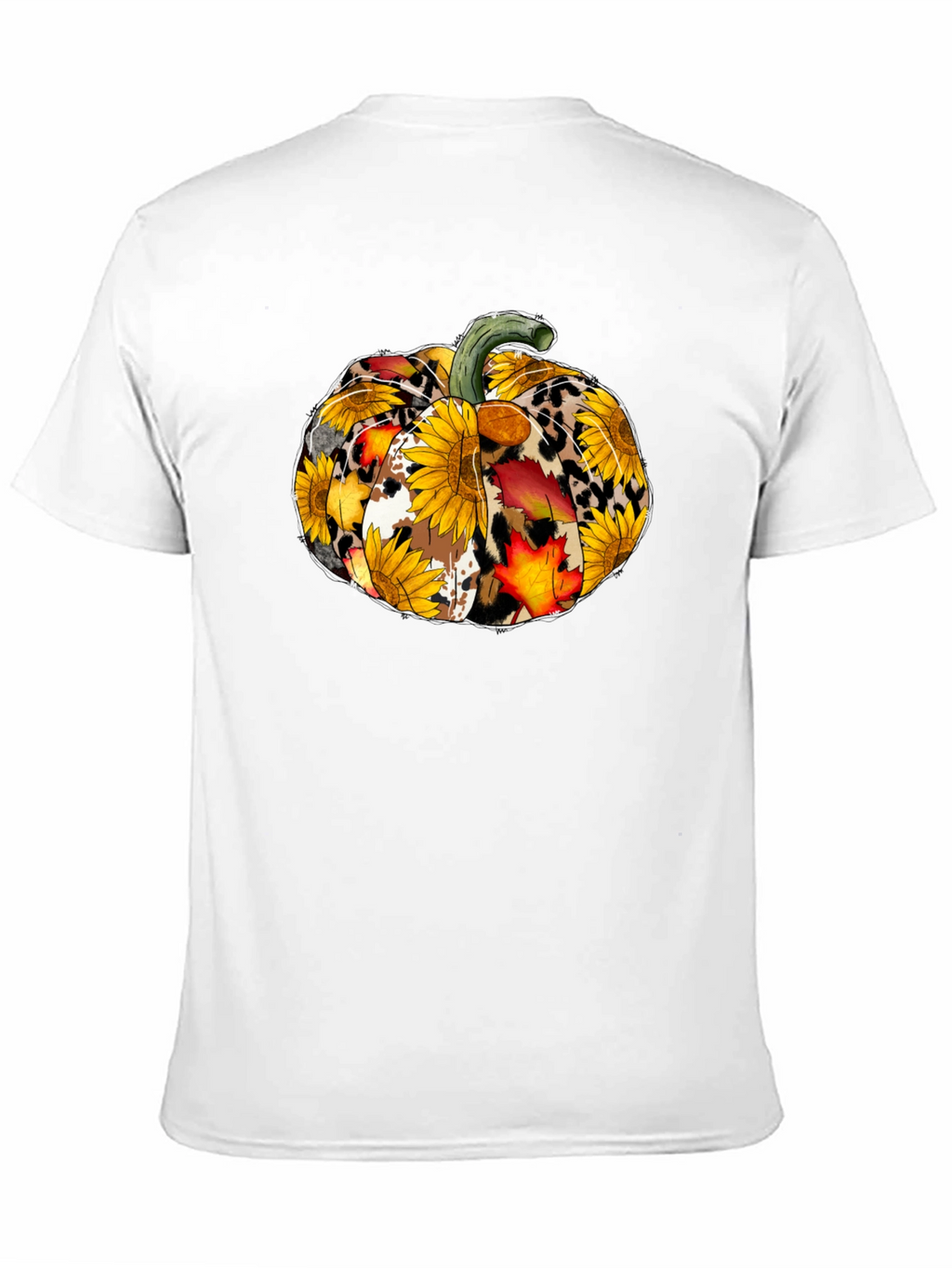 Fall Pumpkin T-Shirt: Sunflower Leopard & Autumn Leaves Design