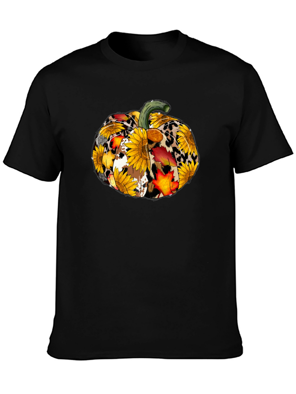 Fall Pumpkin T-Shirt: Sunflower Leopard & Autumn Leaves Design