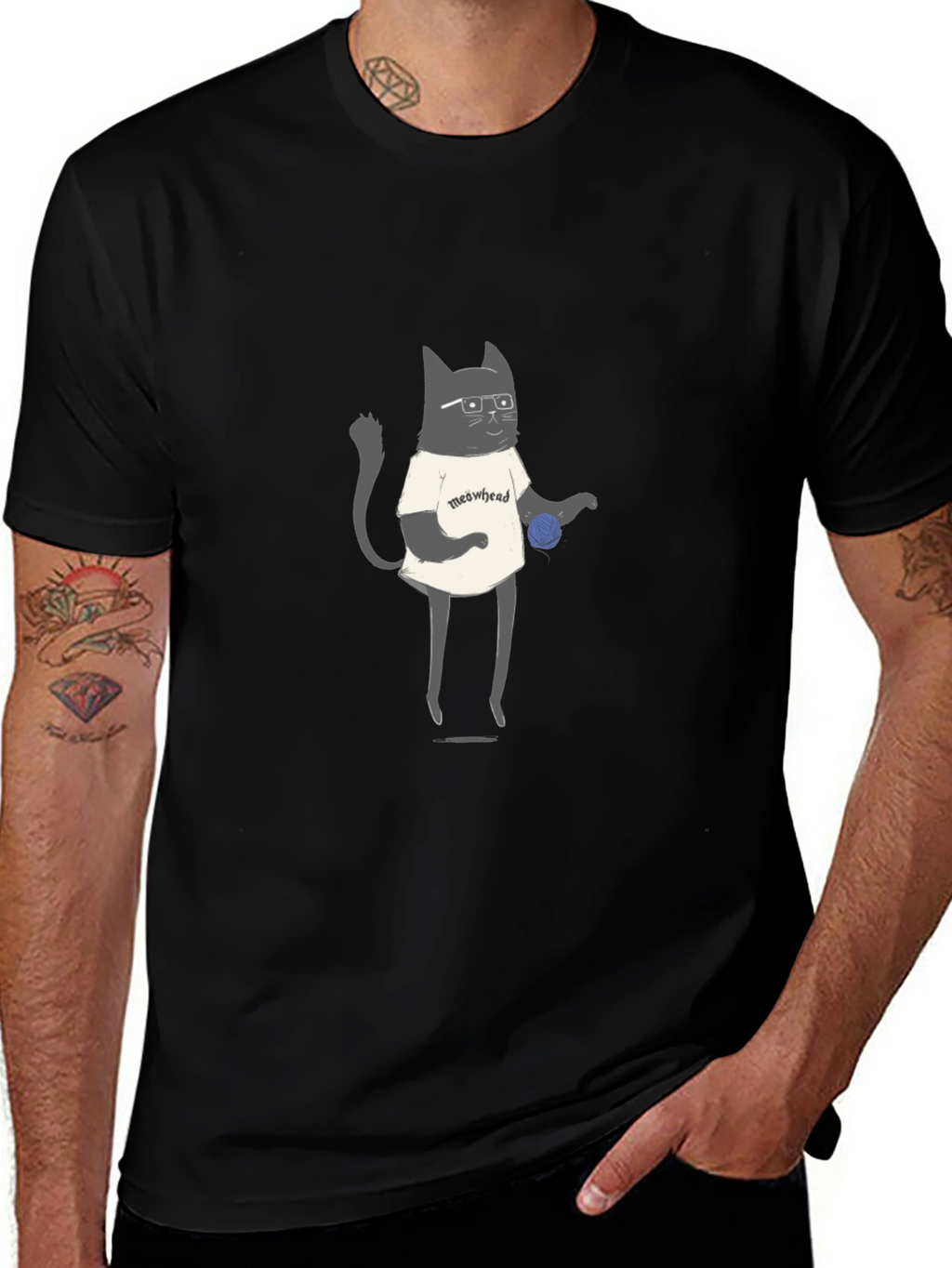 Meowhead Cat Graphic T-Shirt - Black