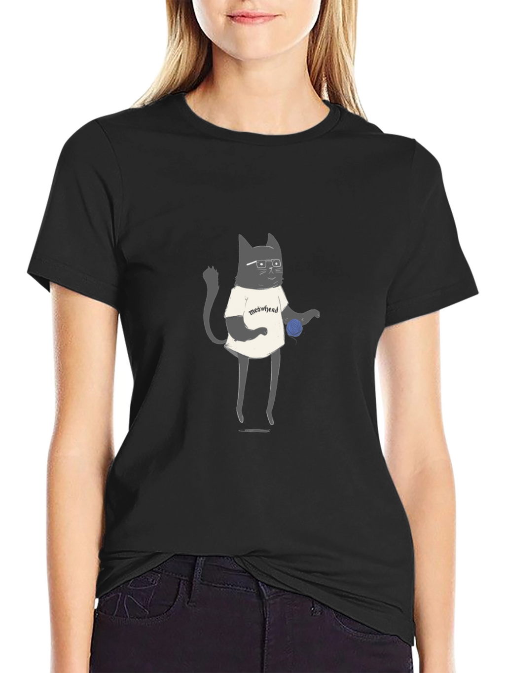 Meowhead Cat Graphic T-Shirt - Black