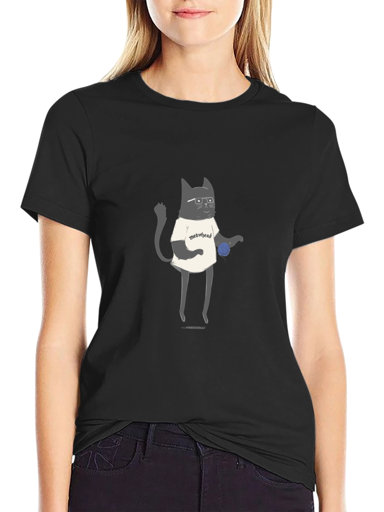 Meowhead Cat Graphic T-Shirt - Black