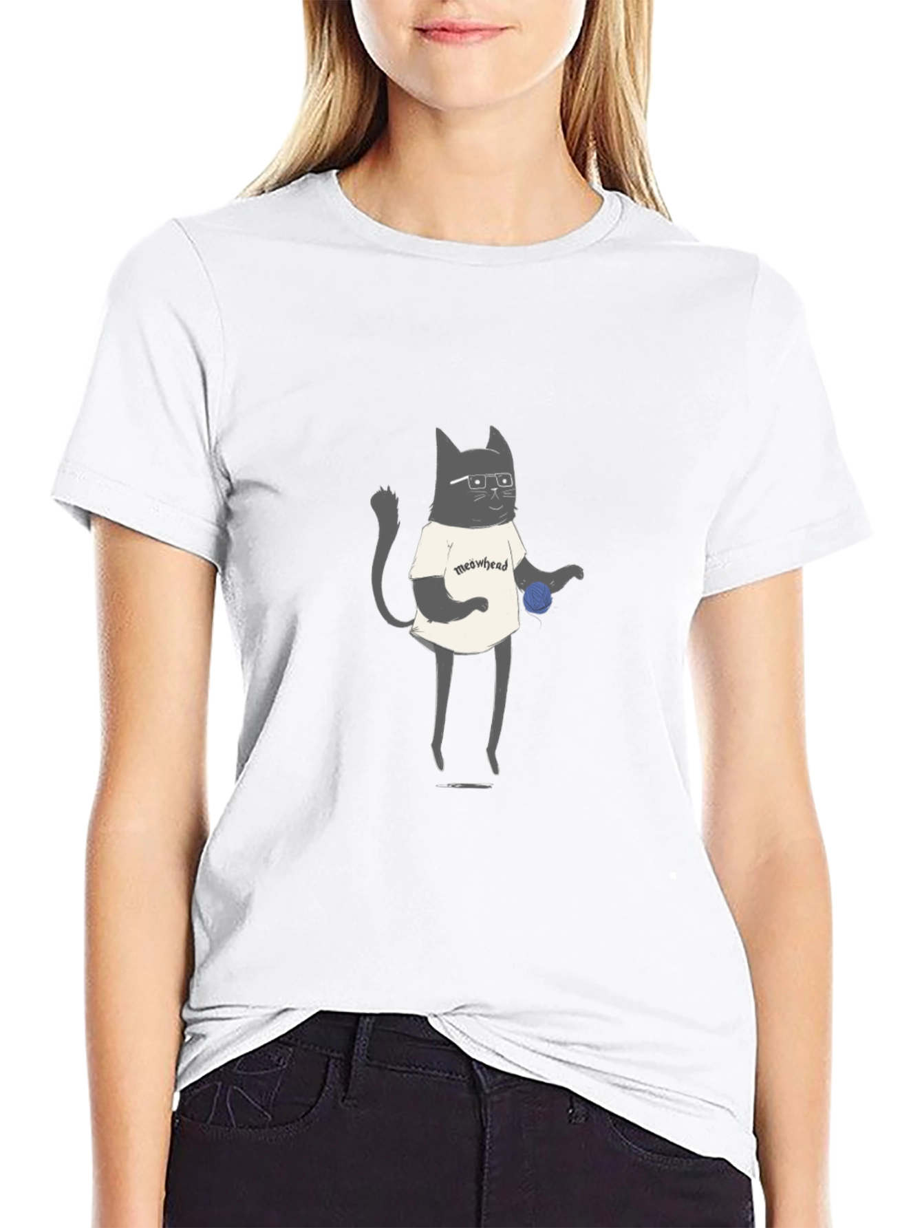 Meowhead Cat Graphic T-Shirt - Black