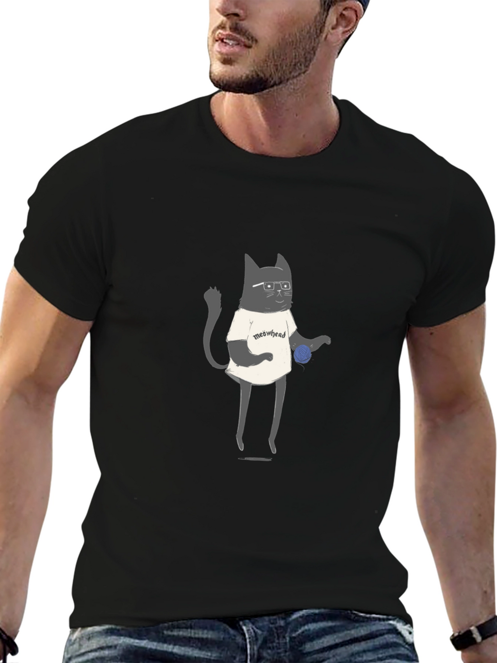 Meowhead Cat Graphic T-Shirt - Black
