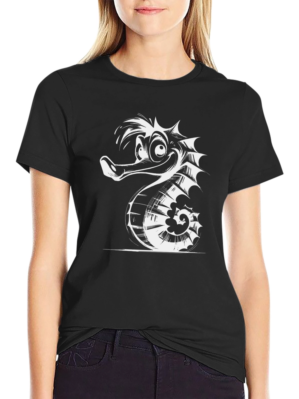 Funny Seahorse Graphic Black T-Shirt