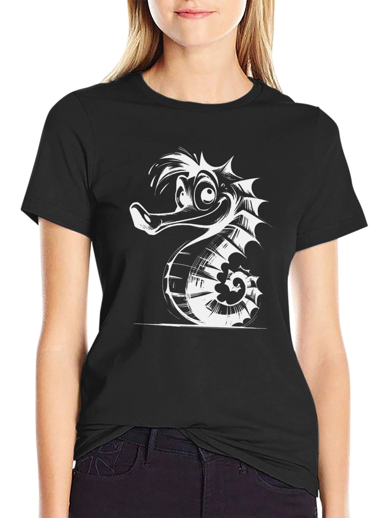 Funny Seahorse Graphic Black T-Shirt