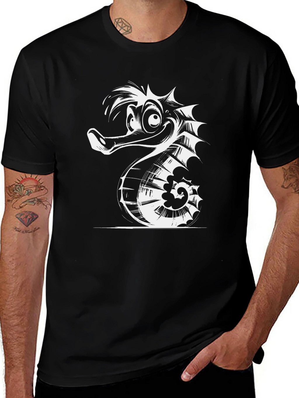 Funny Seahorse Graphic Black T-Shirt