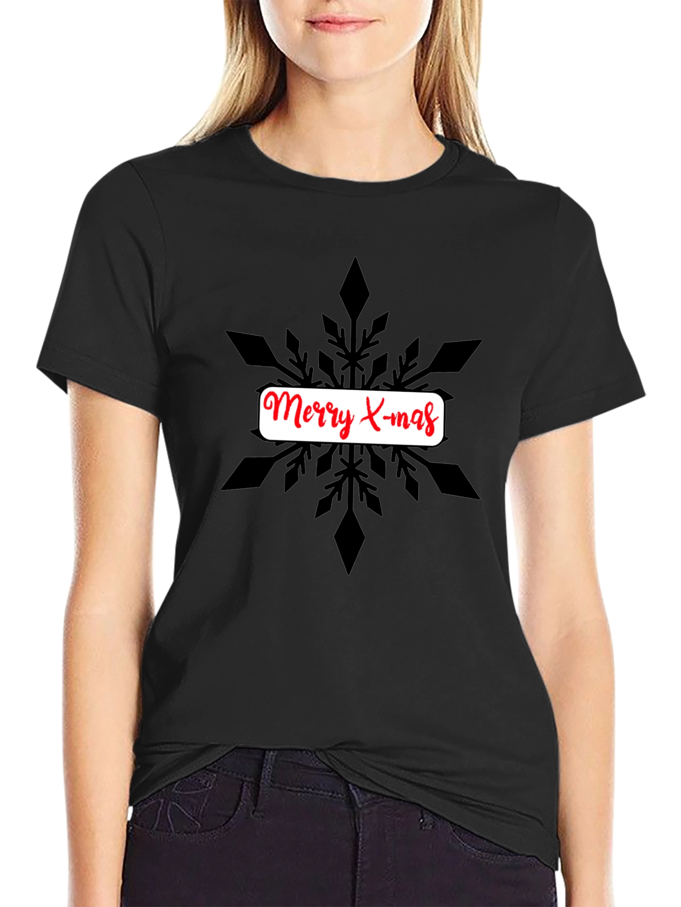 Festive Merry X-mas Snowflake Graphic Tee - Black