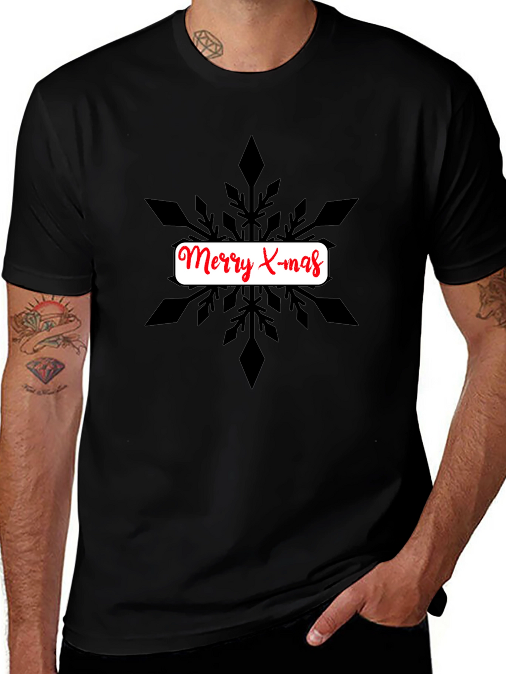 Festive Merry X-mas Snowflake Graphic Tee - Black