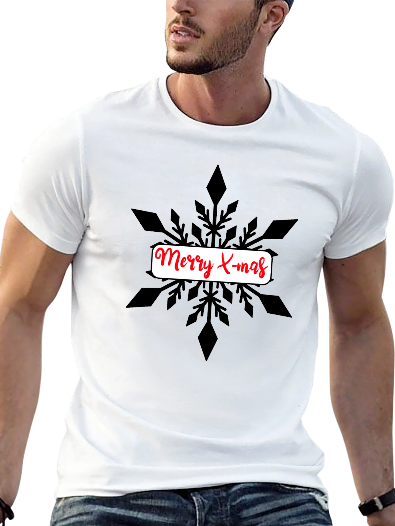 Festive Merry X-mas Snowflake Graphic Tee - Black