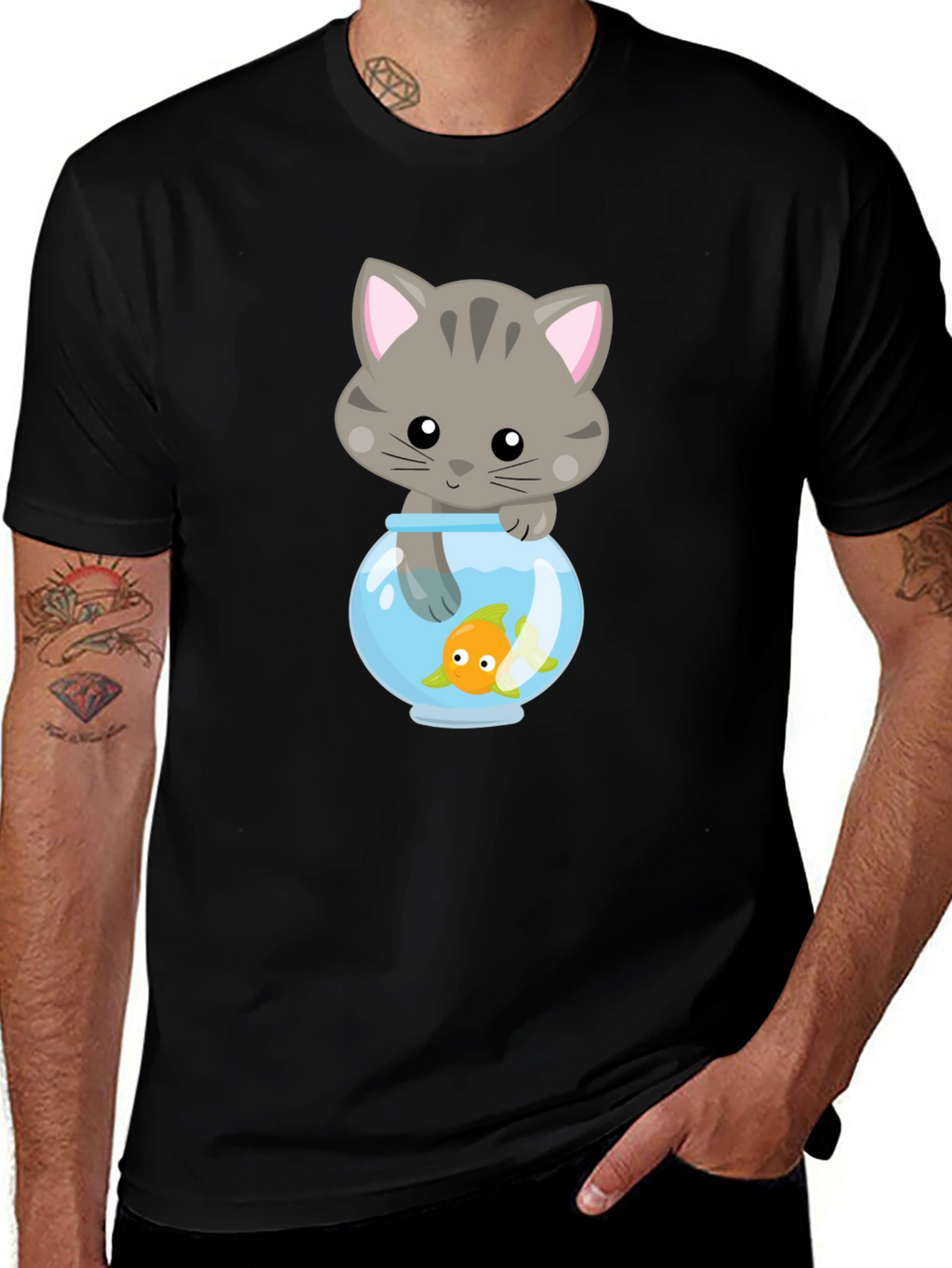 Cute Cat & Goldfish Graphic Tee