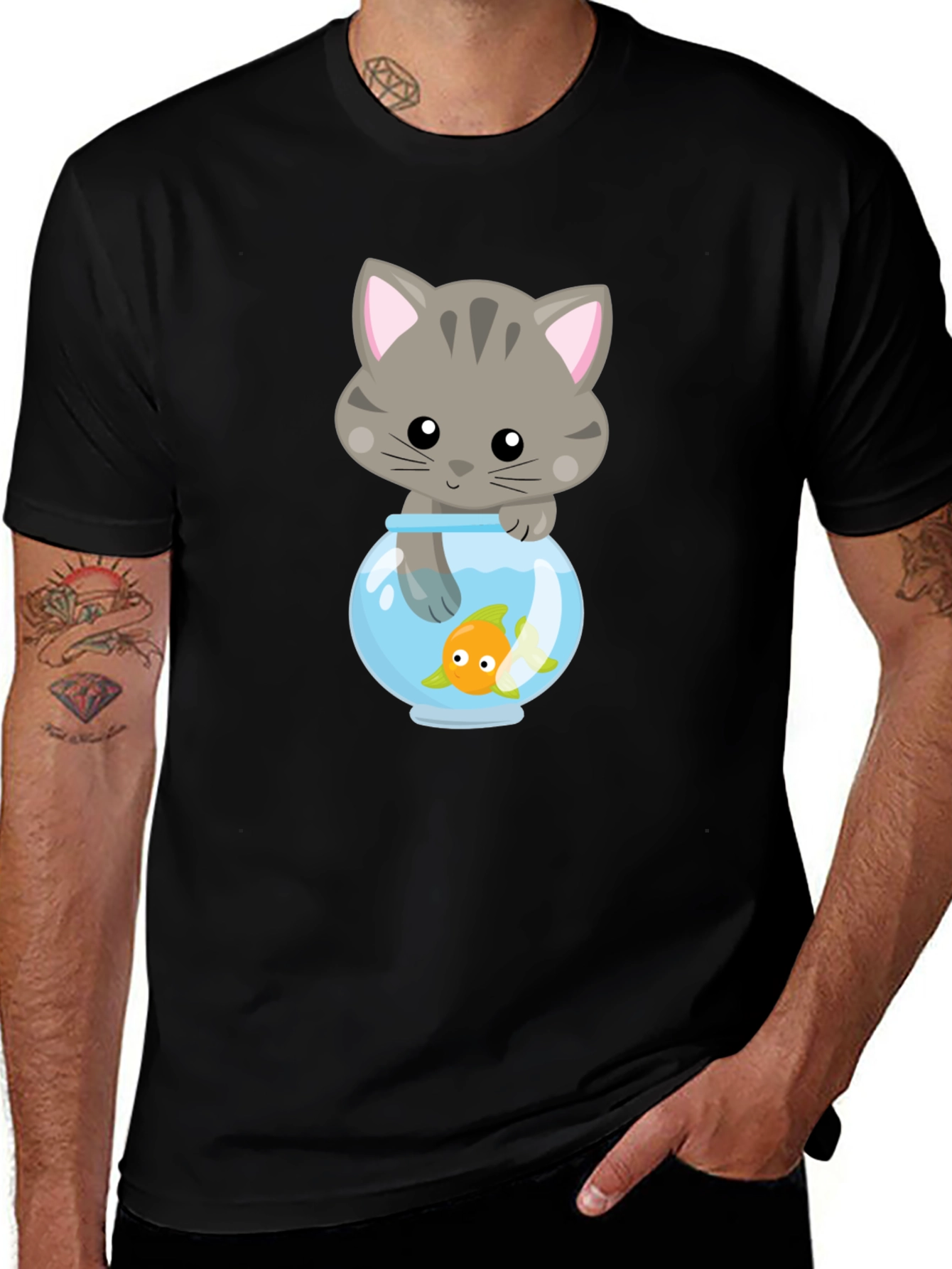 Cute Cat & Goldfish Graphic Tee