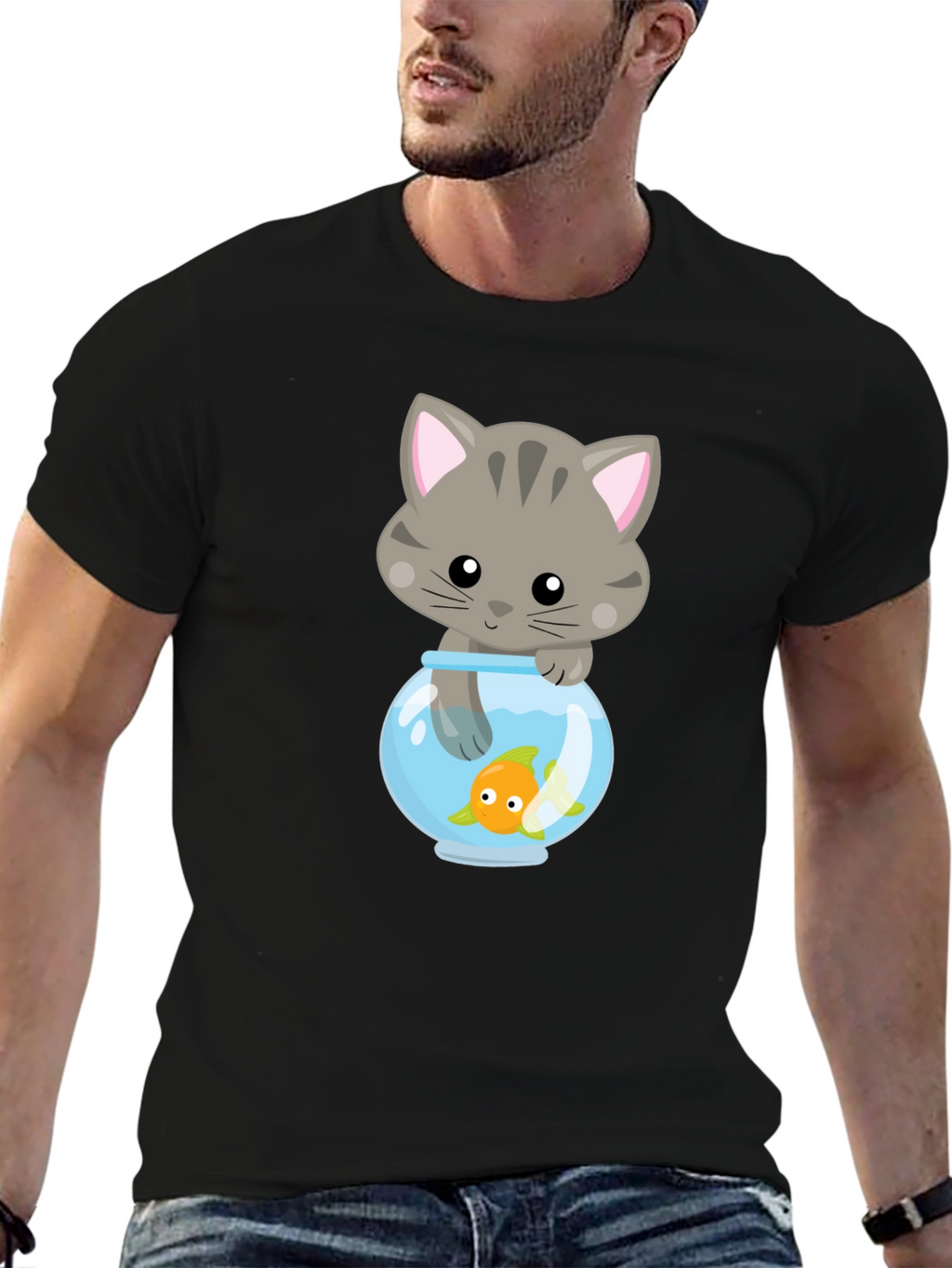 Cute Cat & Goldfish Graphic Tee