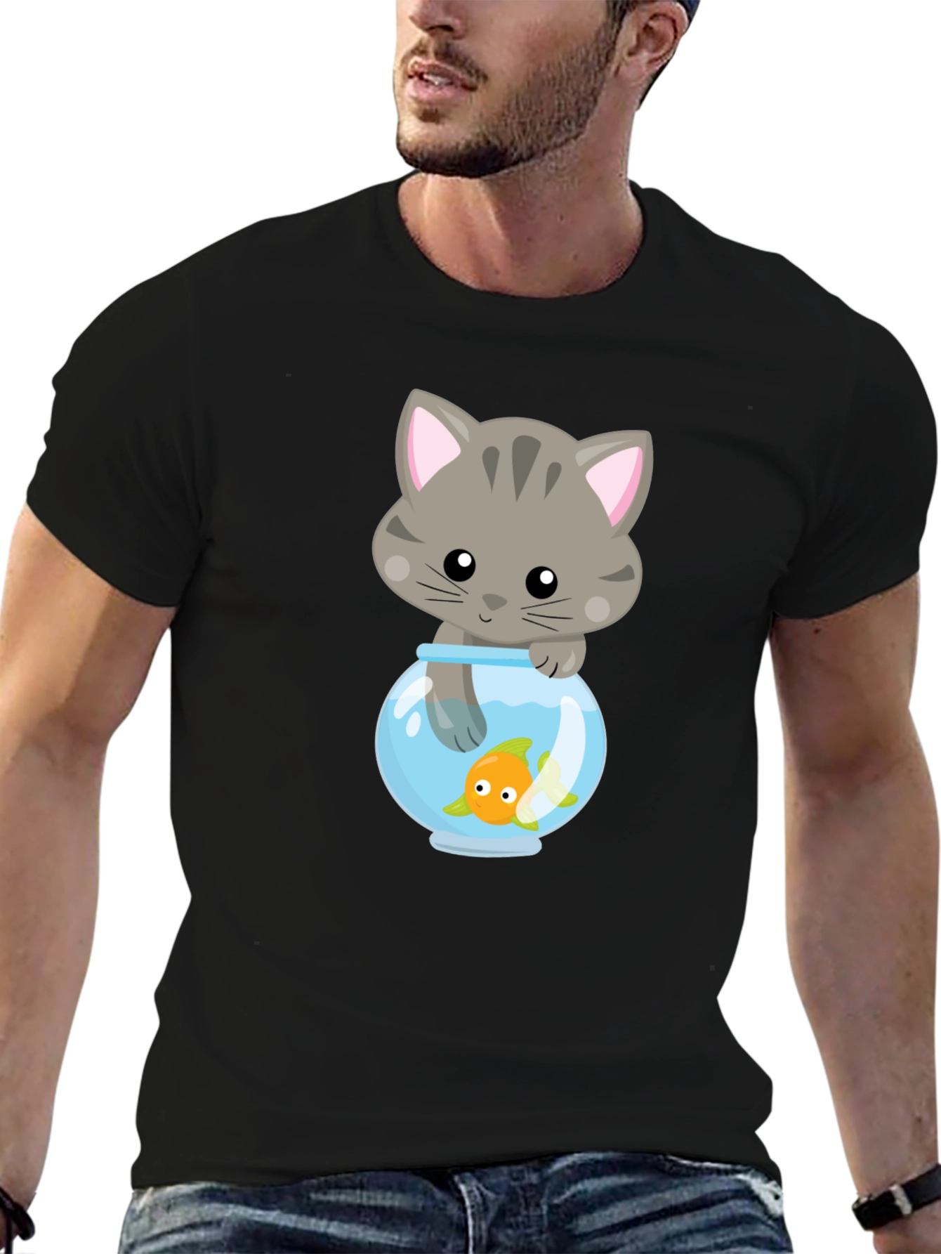 Cute Cat & Goldfish Graphic Tee