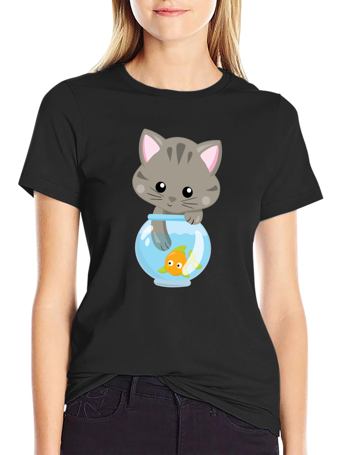 Cute Cat & Goldfish Graphic Tee