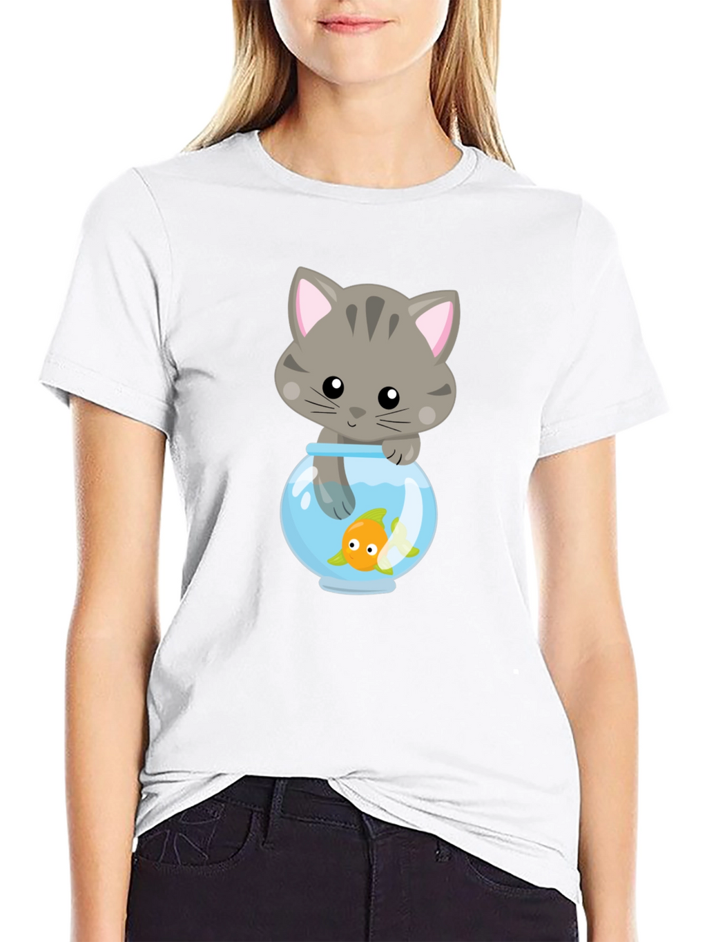 Cute Cat & Goldfish Graphic Tee