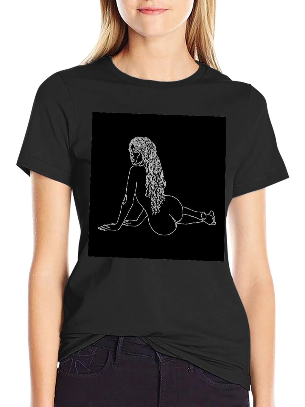 Minimalist Woman Line Art Black T-Shirt