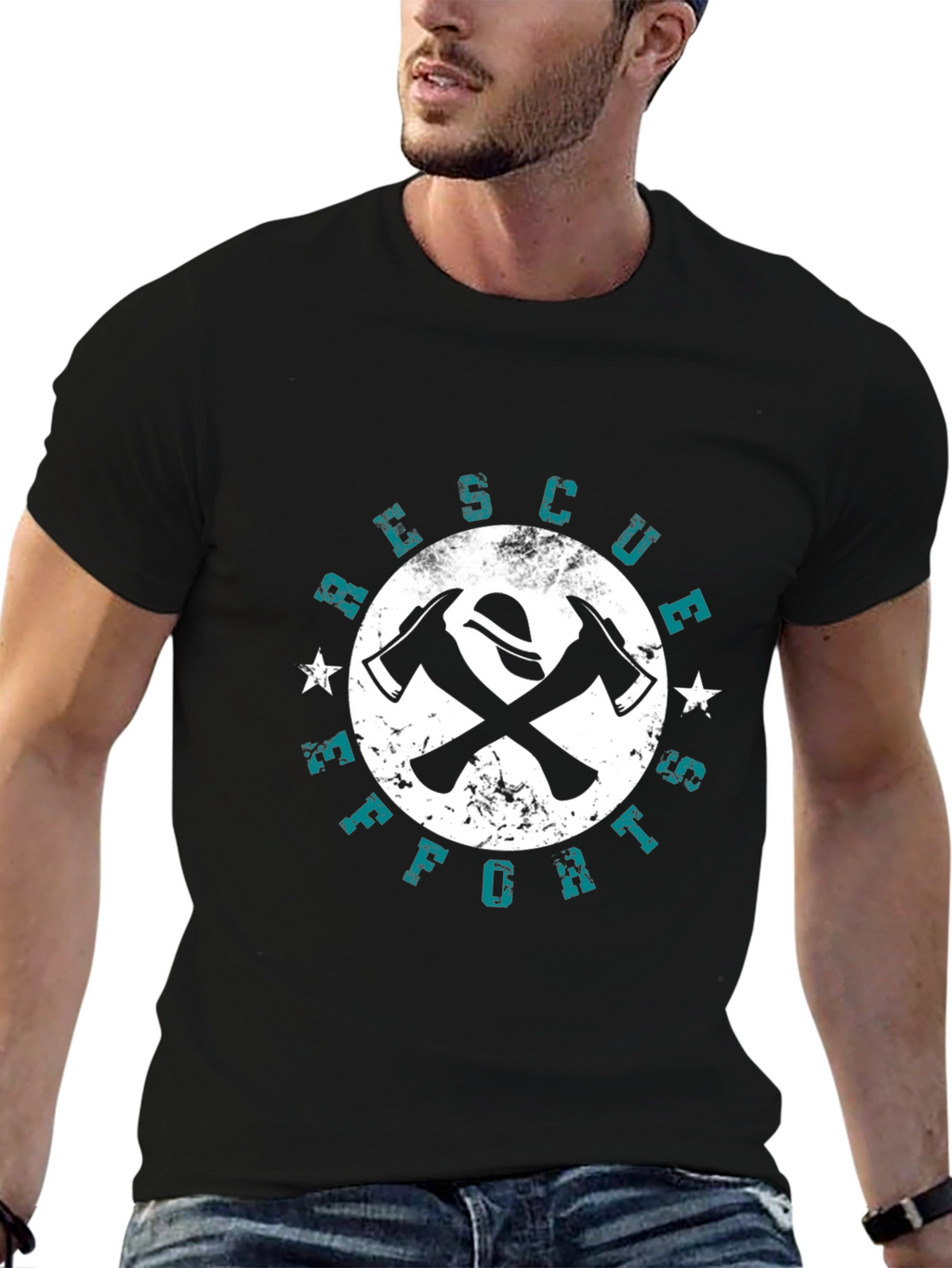 Firefighter Rescue Effort Graphic Black T-Shirt