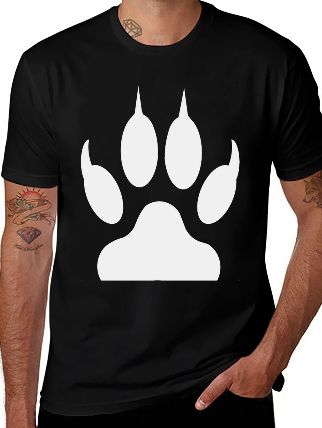 Paw Print Graphic Tee - Black Cotton Casual T-Shirt
