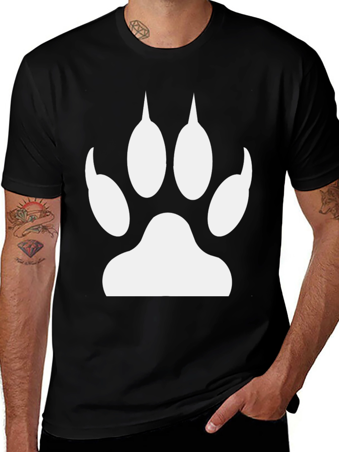 Paw Print Graphic Tee - Black Cotton Casual T-Shirt