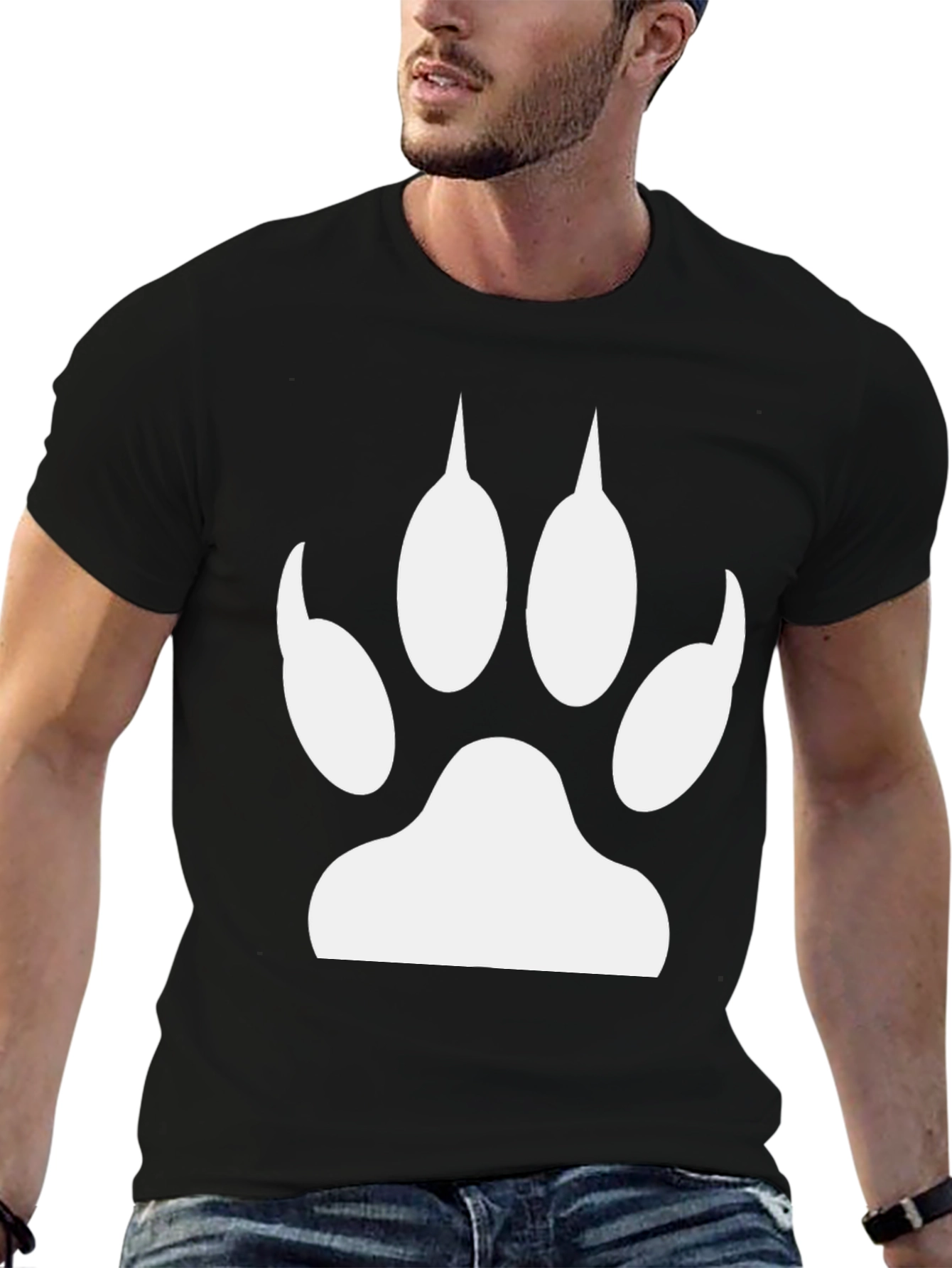 Paw Print Graphic Tee - Black Cotton Casual T-Shirt