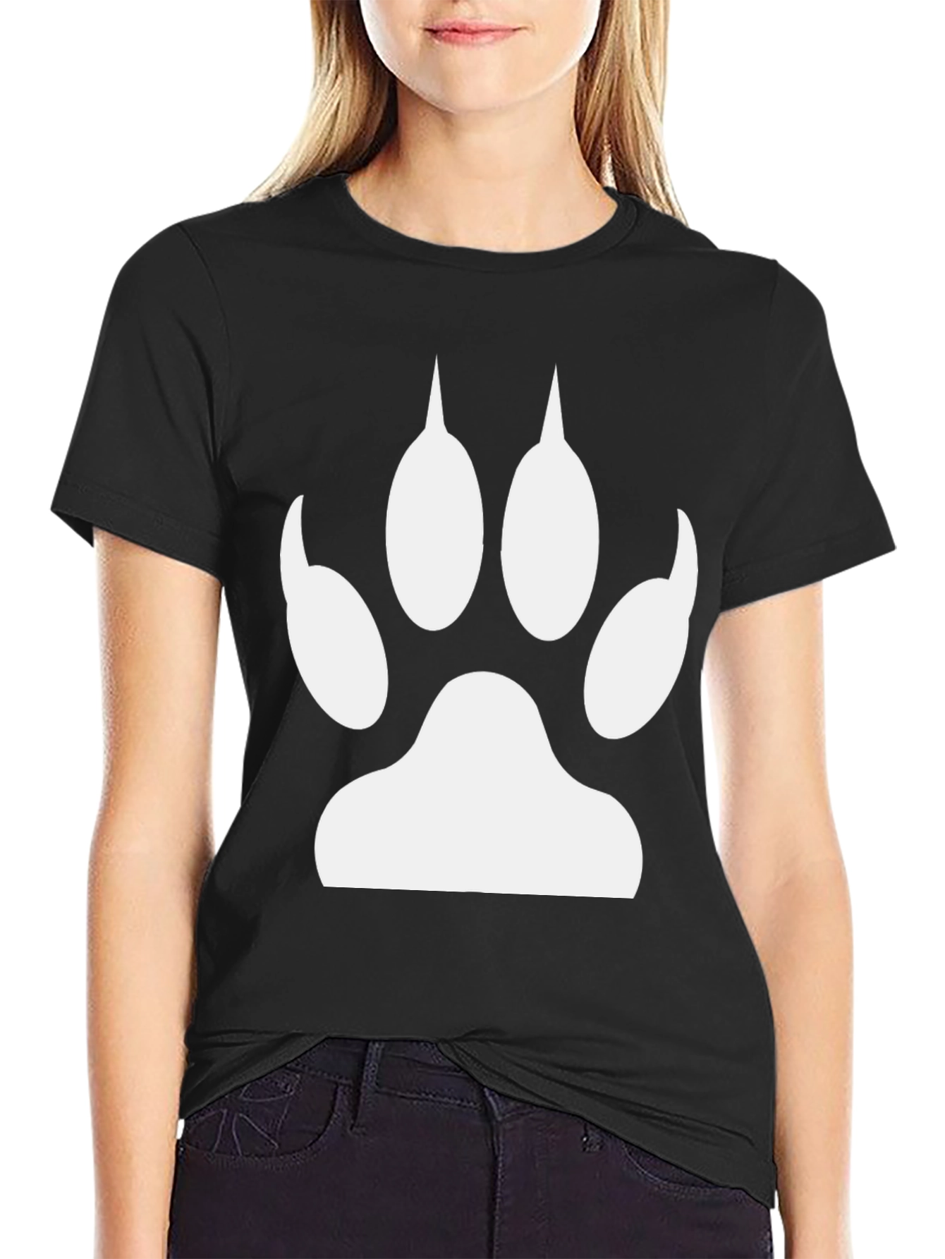 Paw Print Graphic Tee - Black Cotton Casual T-Shirt