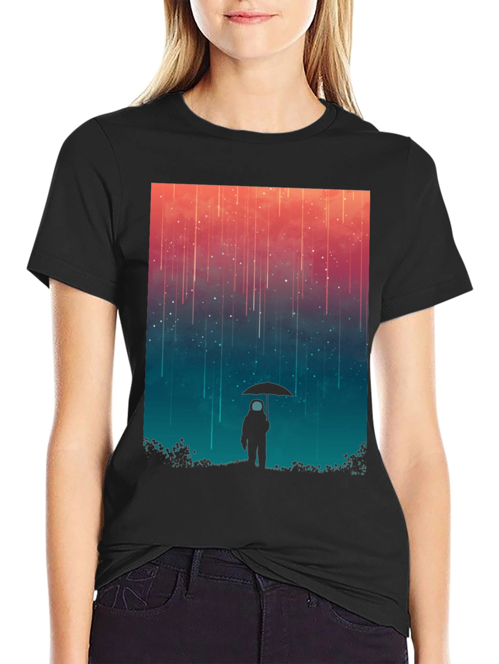 Astronaut Umbrella Graphic Tee - Stylish Black Cotton Shirt