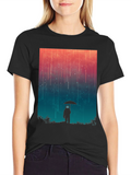 Astronaut Umbrella Graphic Tee - Stylish Black Cotton Shirt