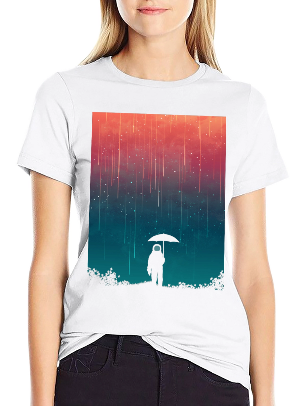 Astronaut Umbrella Graphic Tee - Stylish Black Cotton Shirt