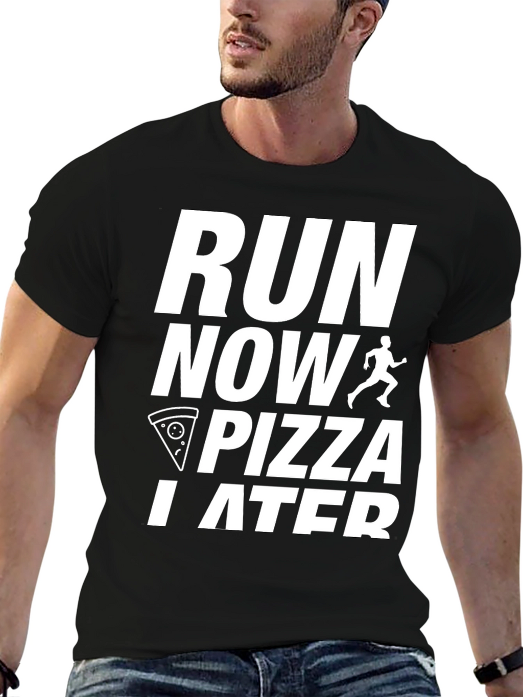Run Now Pizza Later Black Graphic Tee