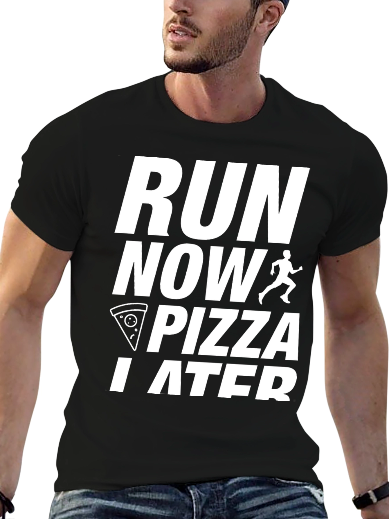 Run Now Pizza Later Black Graphic Tee