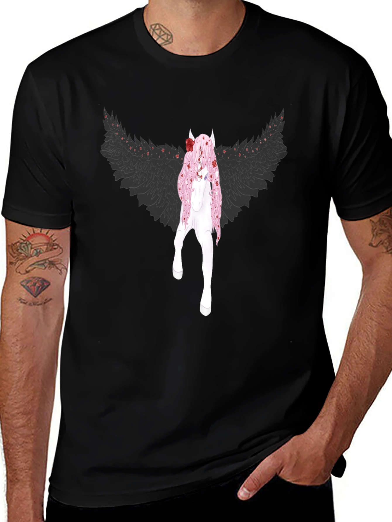 Black T-Shirt with Fantasy Character Graphic Print