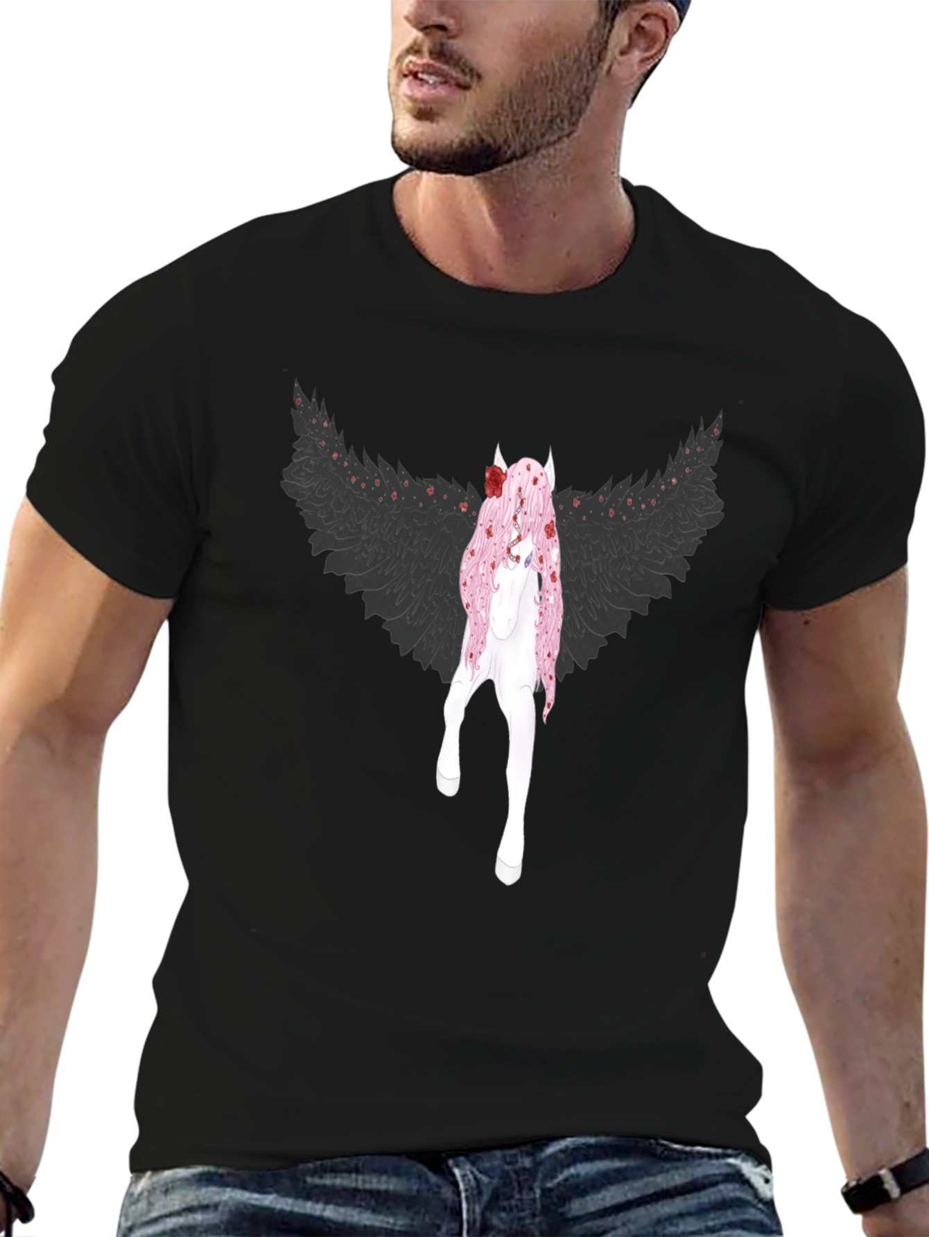 Black T-Shirt with Fantasy Character Graphic Print