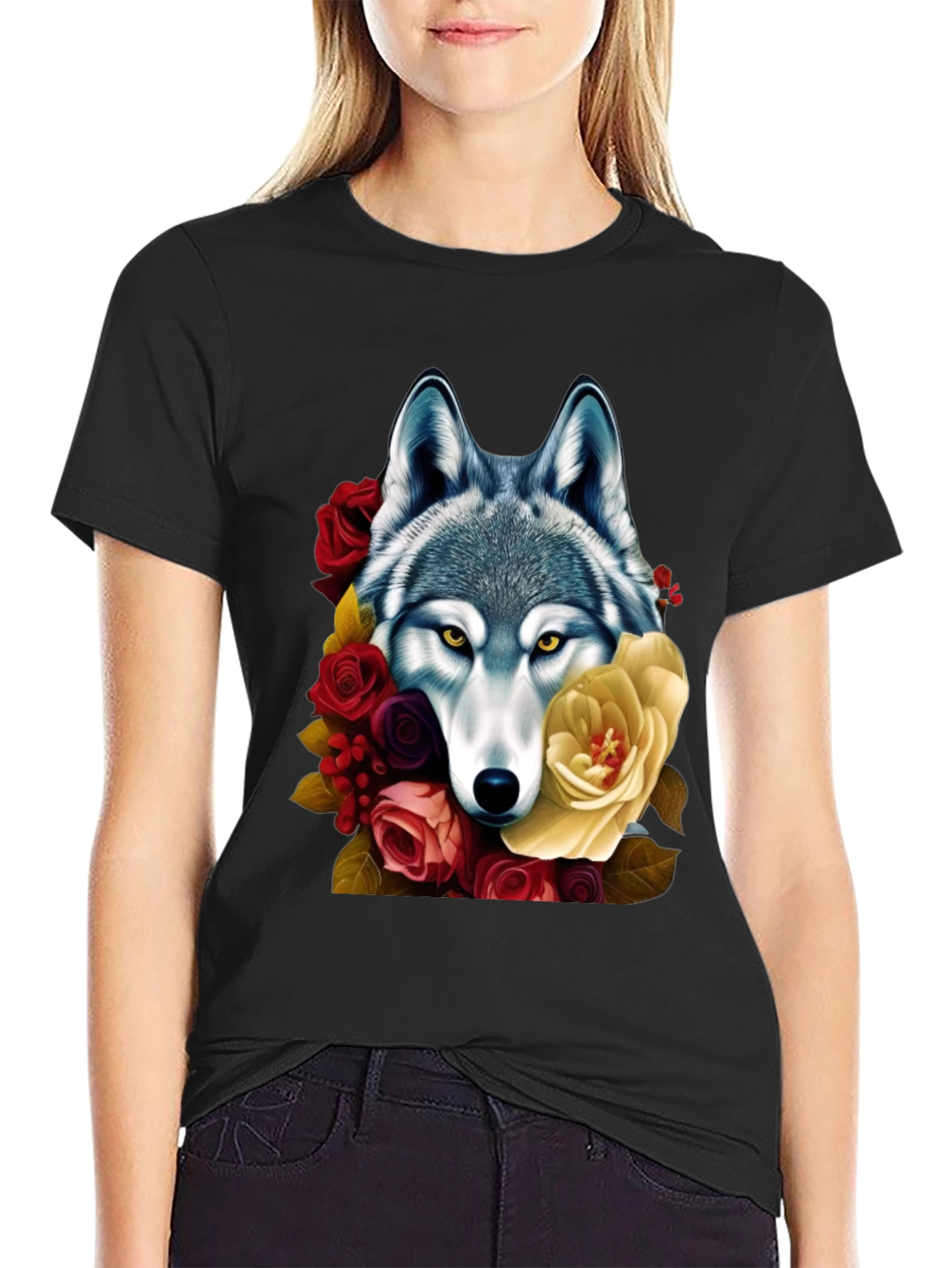 Wolf & Floral Graphic Tee - Mens Black T-Shirt