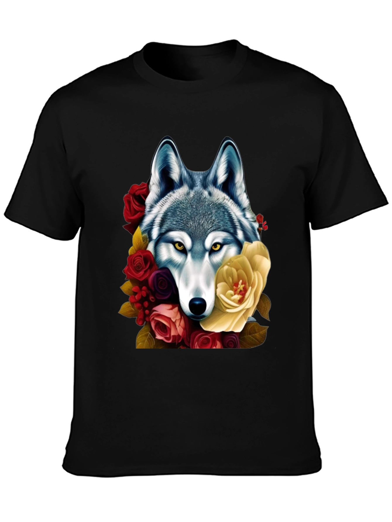 Wolf & Floral Graphic Tee - Mens Black T-Shirt