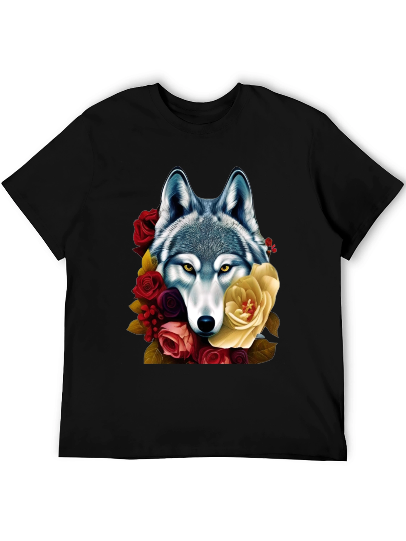Wolf & Floral Graphic Tee - Mens Black T-Shirt