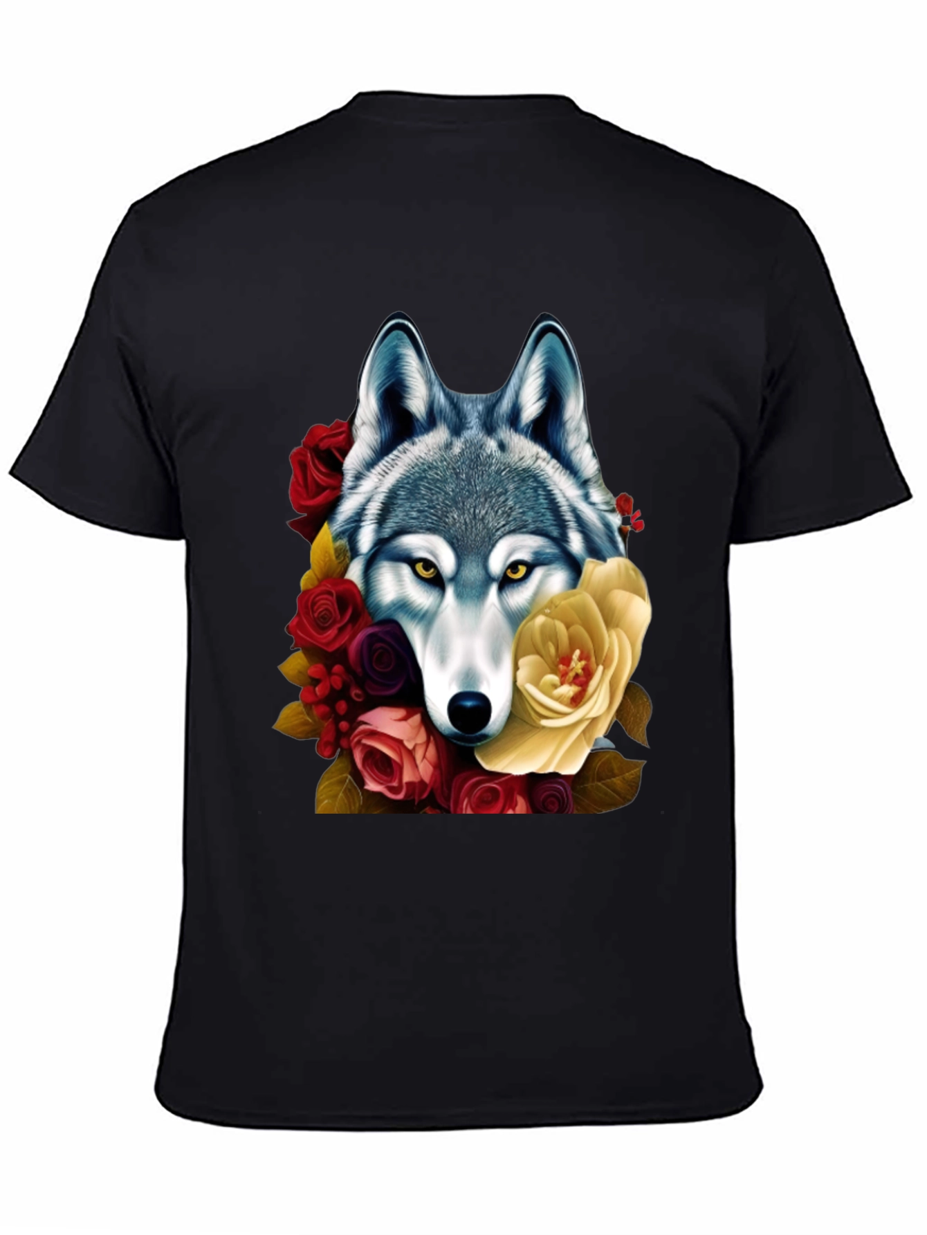 Wolf & Floral Graphic Tee - Mens Black T-Shirt