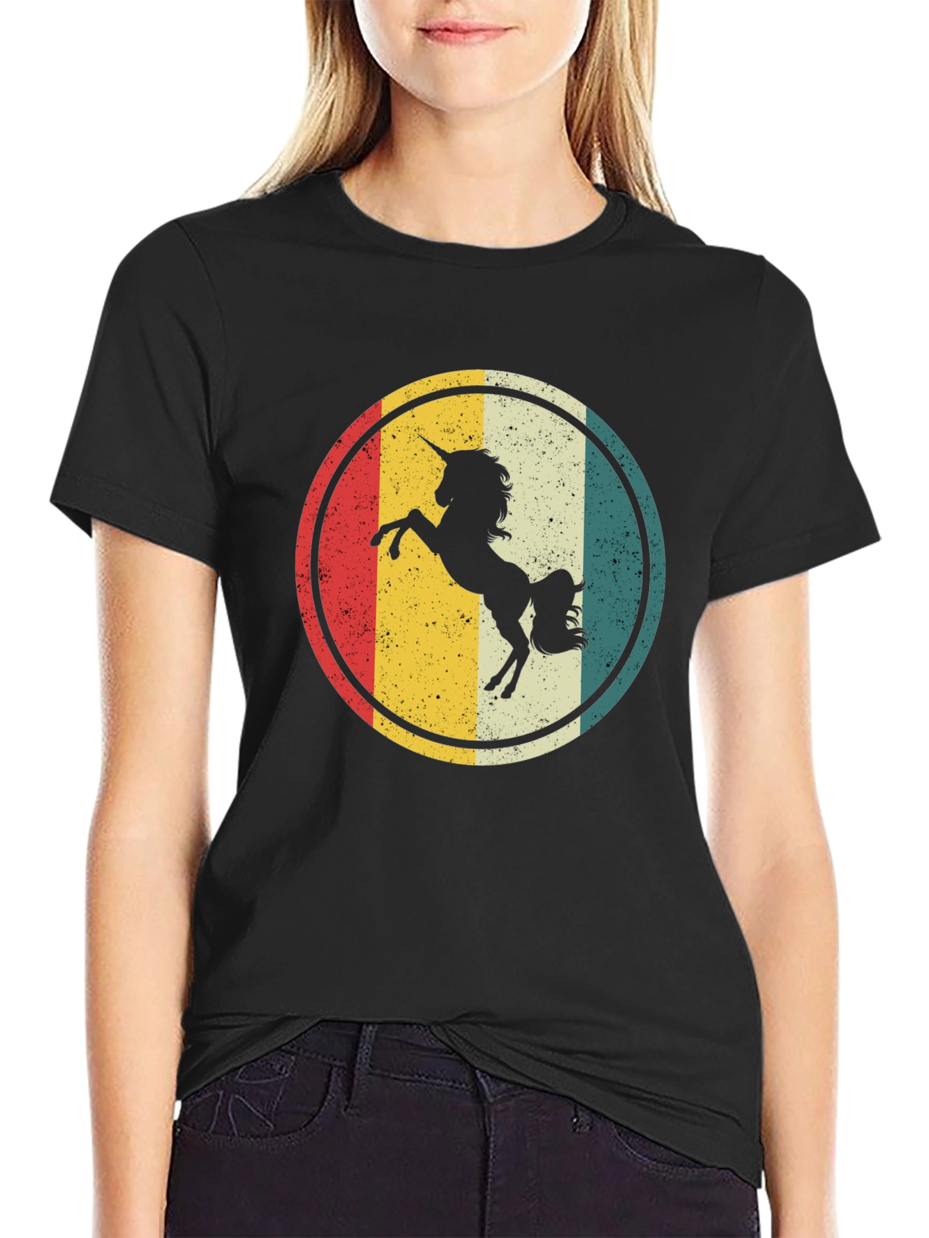 Retro Unicorn Graphic Tee - Black Cotton Blend T-Shirt