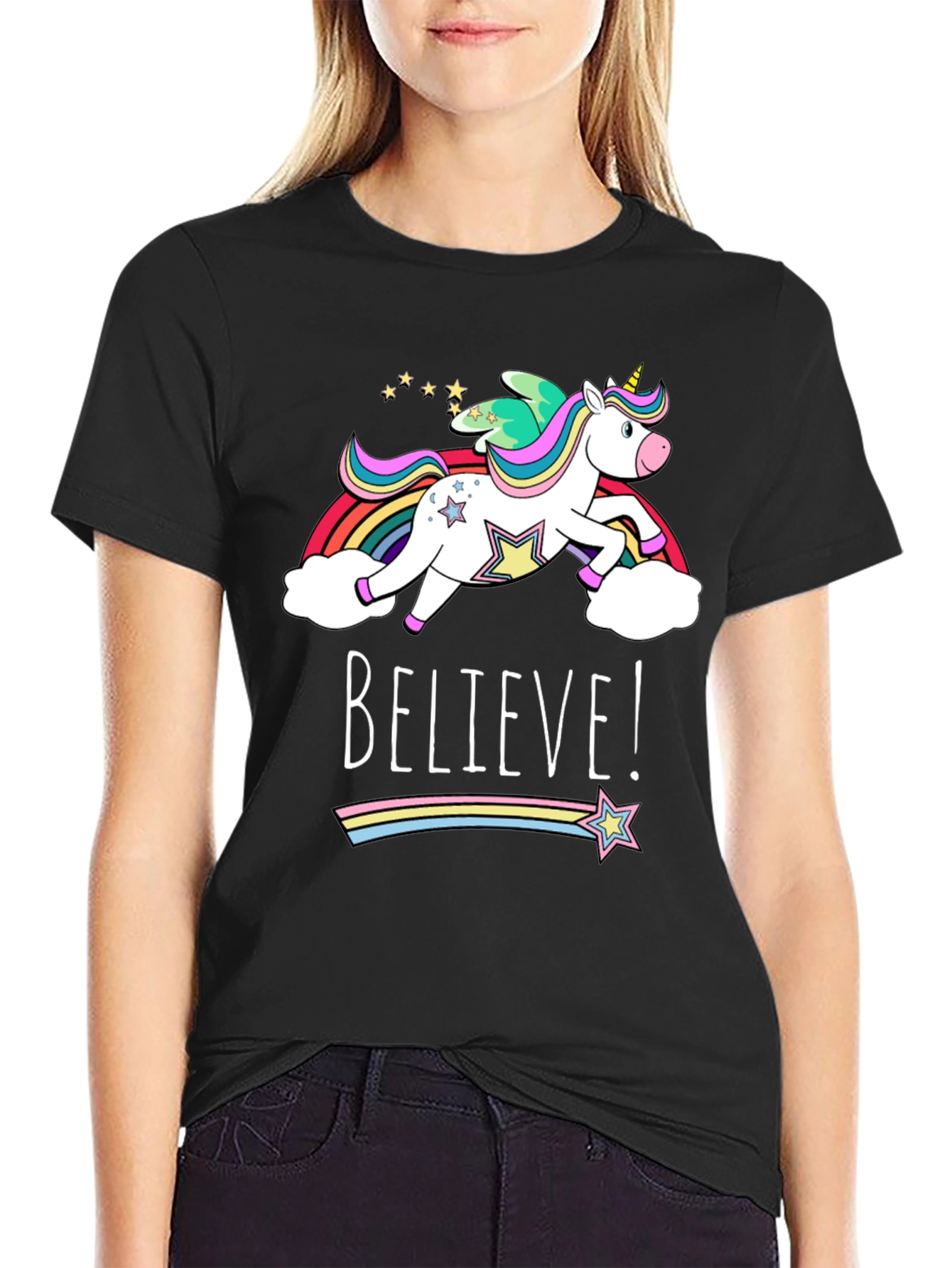 Believe Unicorn Graphic Tee - Black Cotton T-Shirt