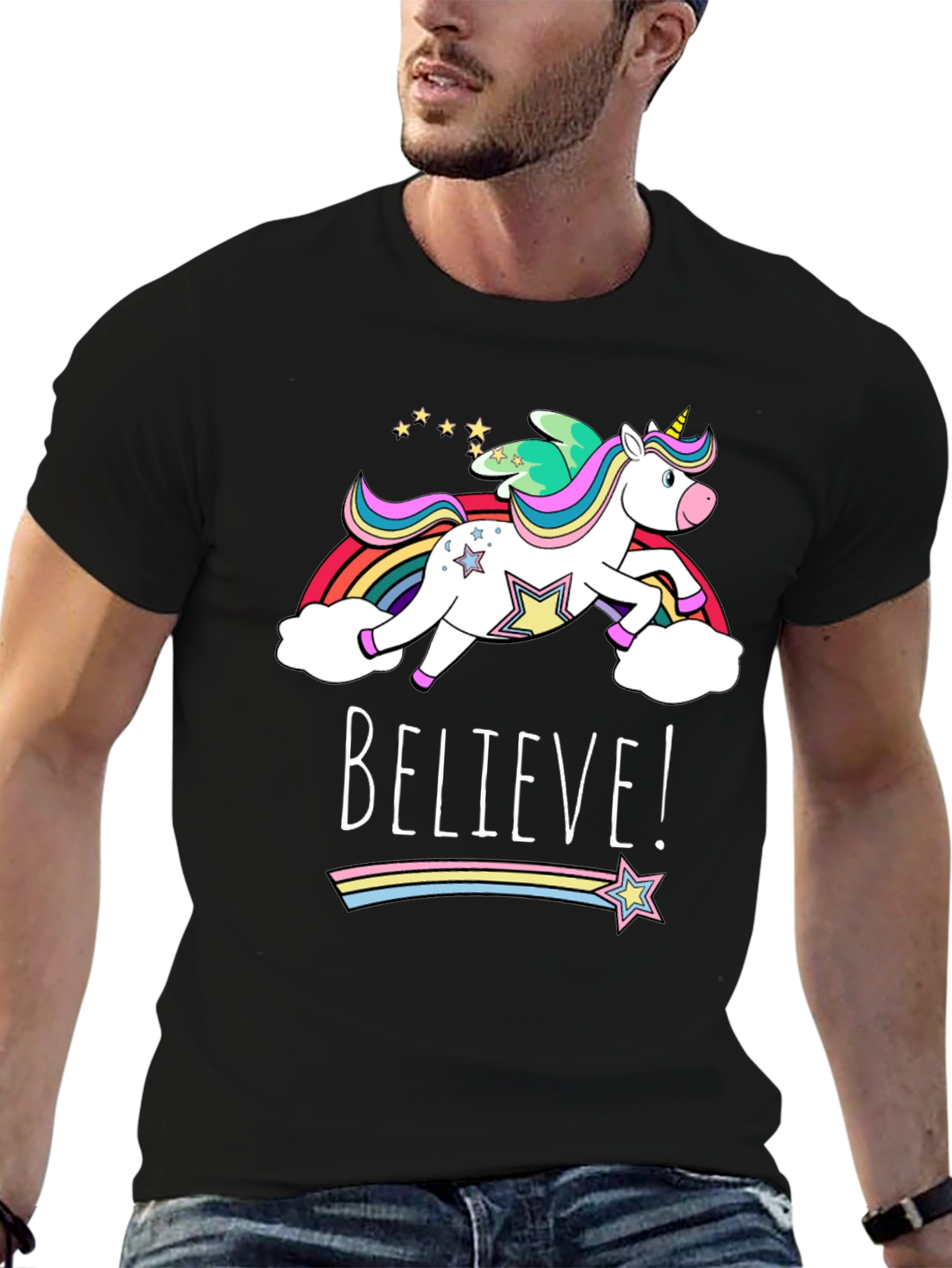 Believe Unicorn Graphic Tee - Black Cotton T-Shirt
